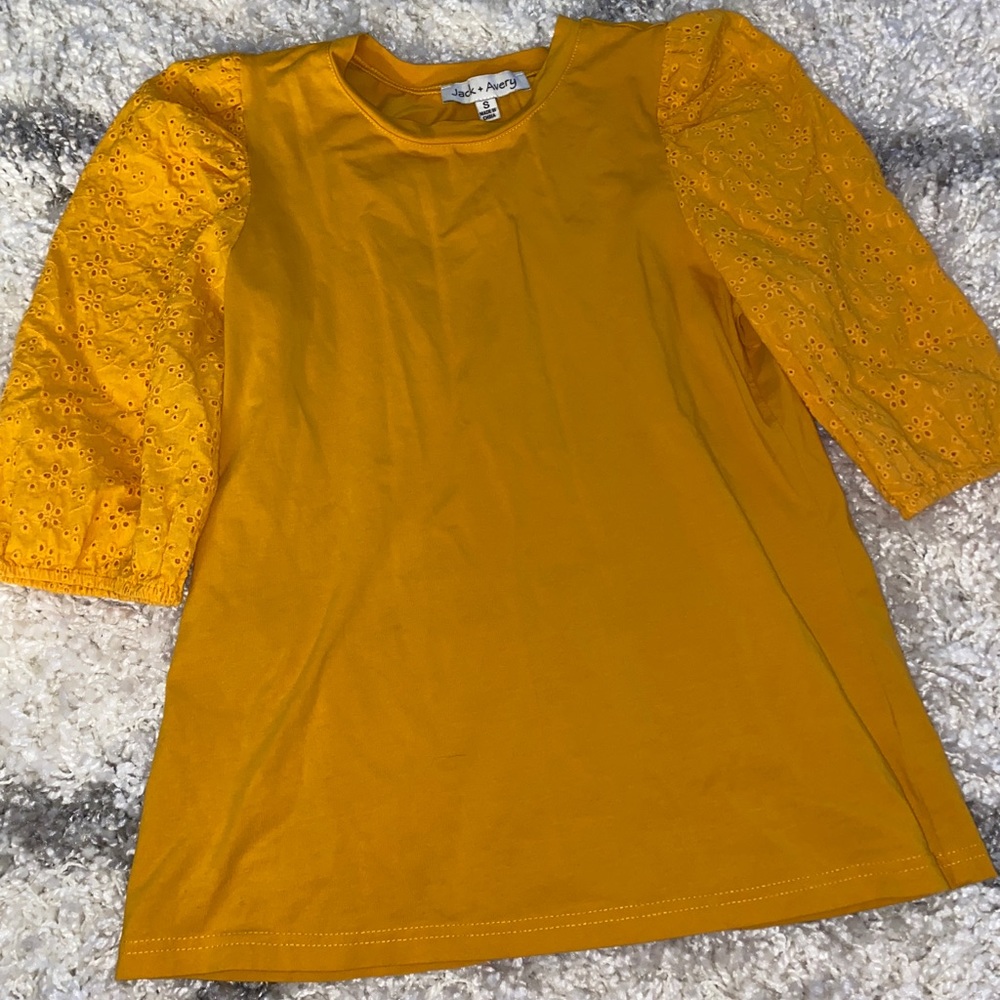 Yellow blouse with flower lace sleeves. Size: small